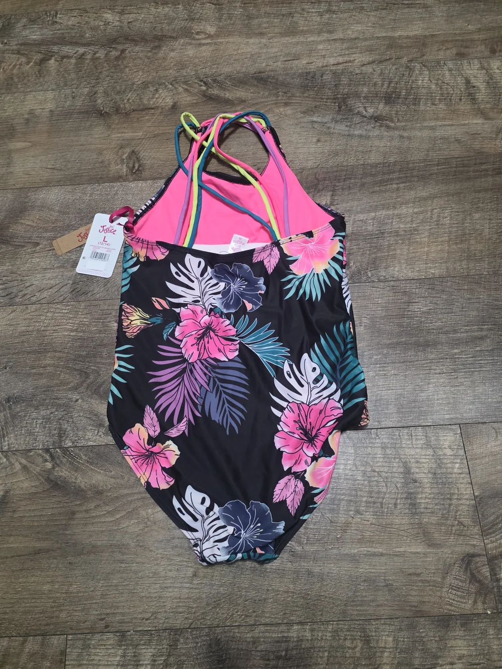 Justice Girls'  Tropical Floral One-Piece Swimsuit Pink Accents Size Large 12/14